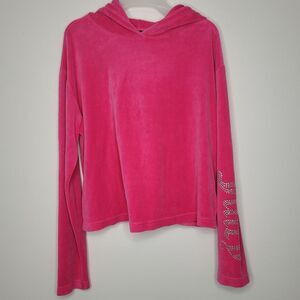 Juicy Couture Black Label Pink Velour Hoodie Sleeve Bling Cropped Pullover Med